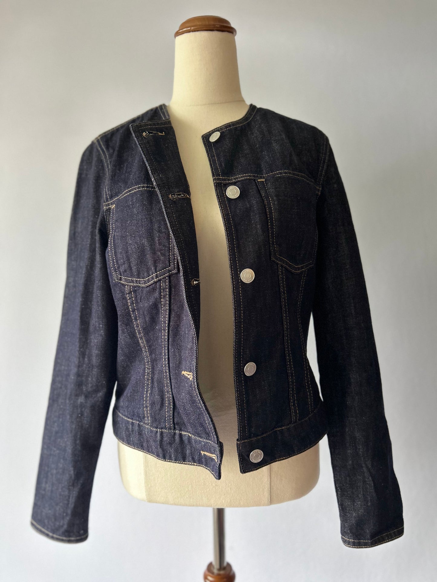 Minimalist Collarless Indigo Denim Jacket - Size S