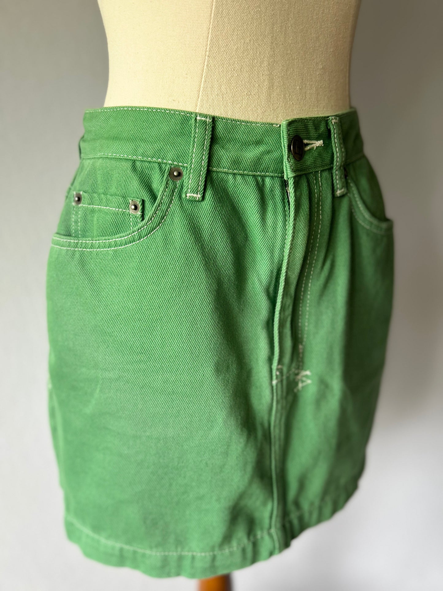 Retro Green Denim Mini Skirt - Size 8 (26" Waist)