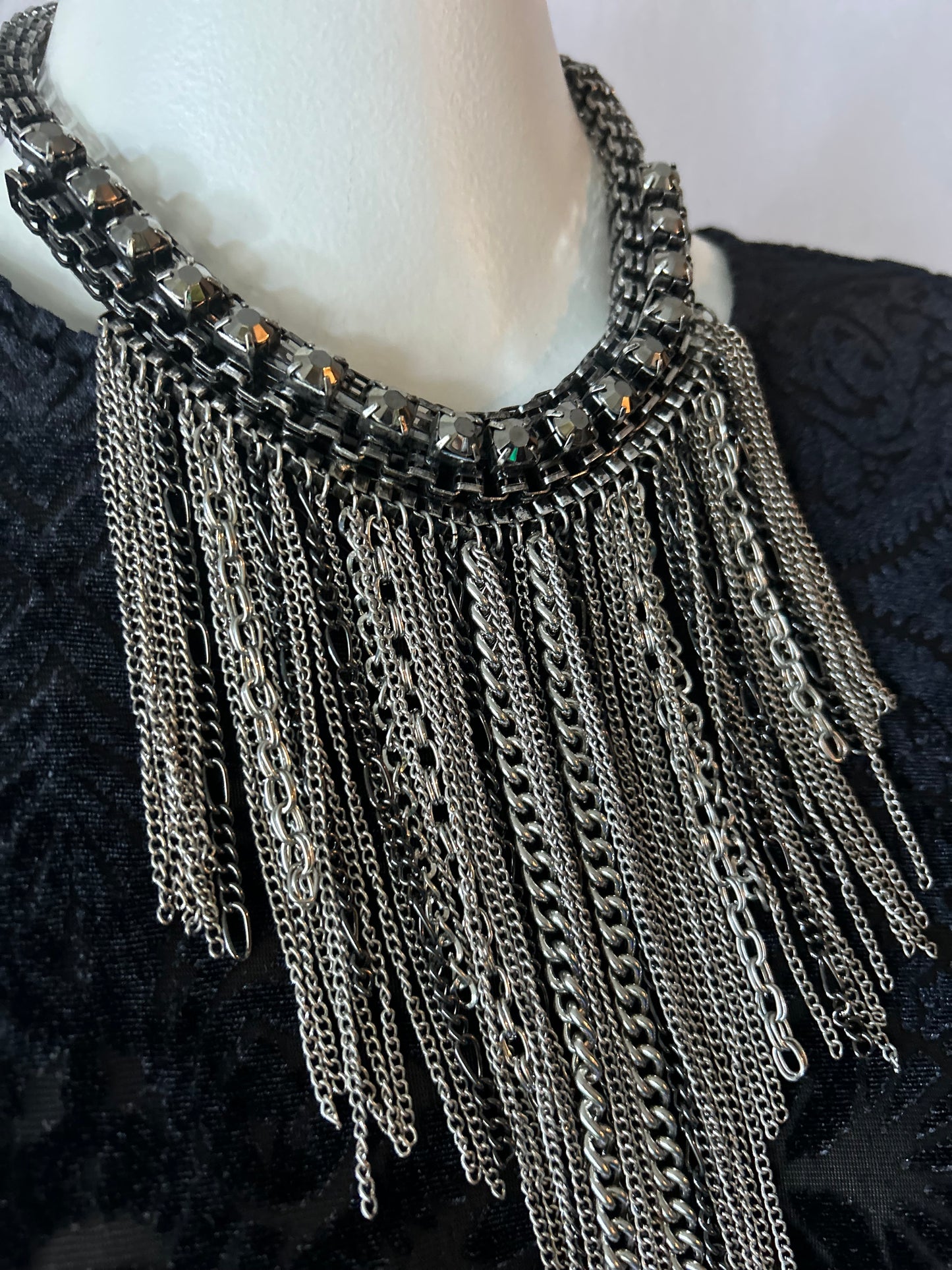 Vintage Gunmetal Rhinestone Collar & Cascading Chain Fringe Necklace