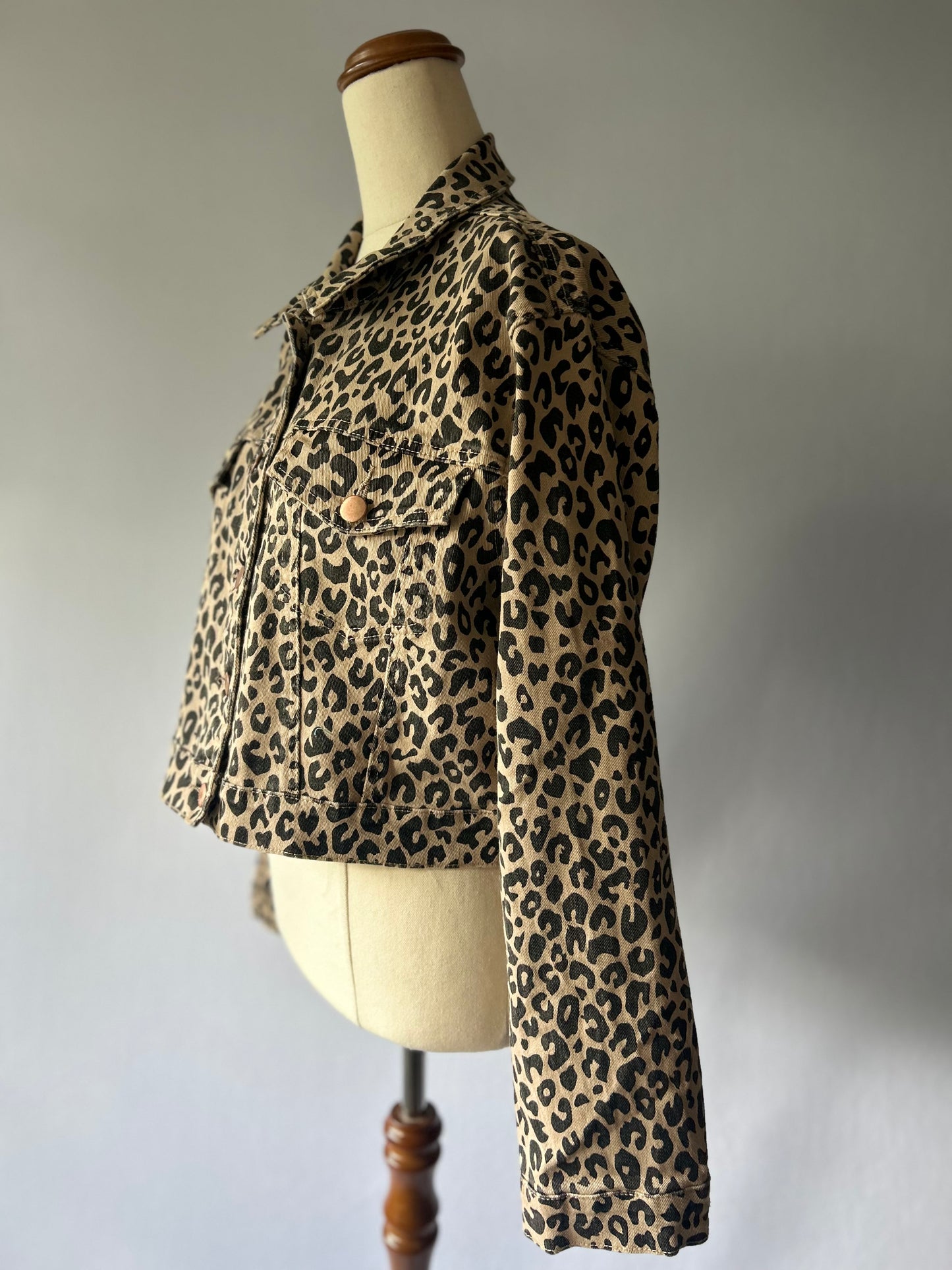 Cropped Leopard Print Denim Jacket - Size 10