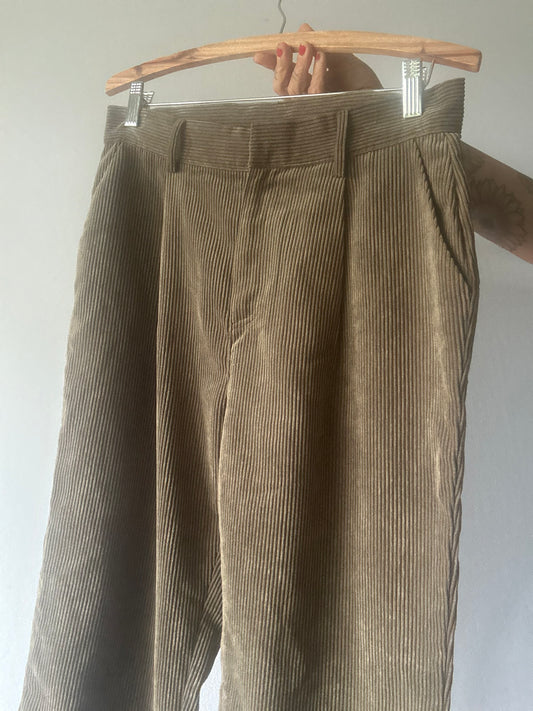Cotton On Olive Green Corduroy Pleated Relaxed Trousers - Size 12