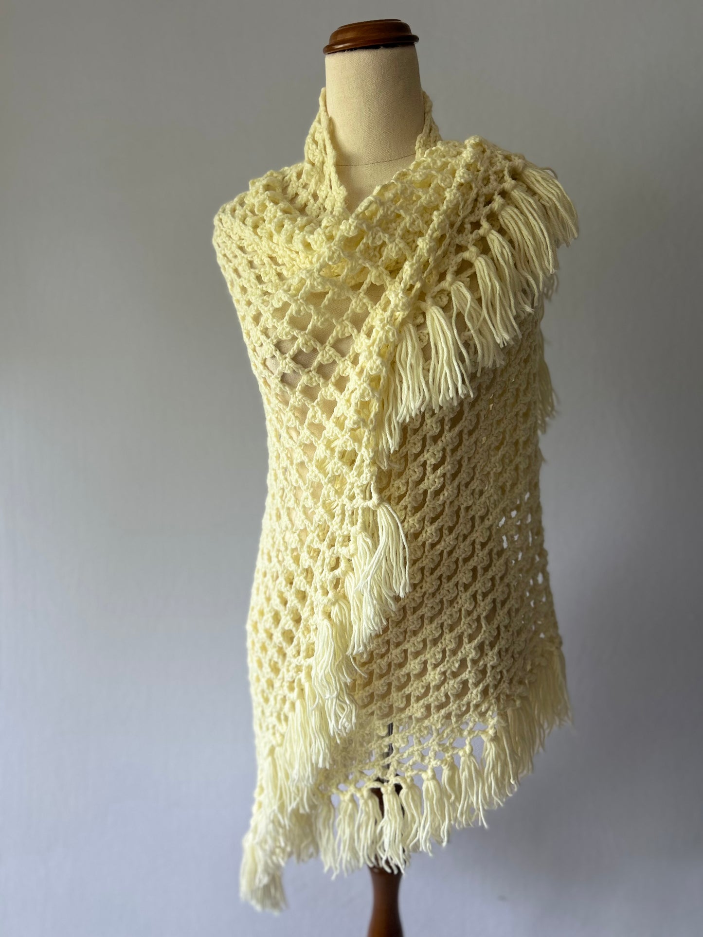 Vintage Hand-Crocheted Cream/Pale Yellow Fringe Wrap Shawl