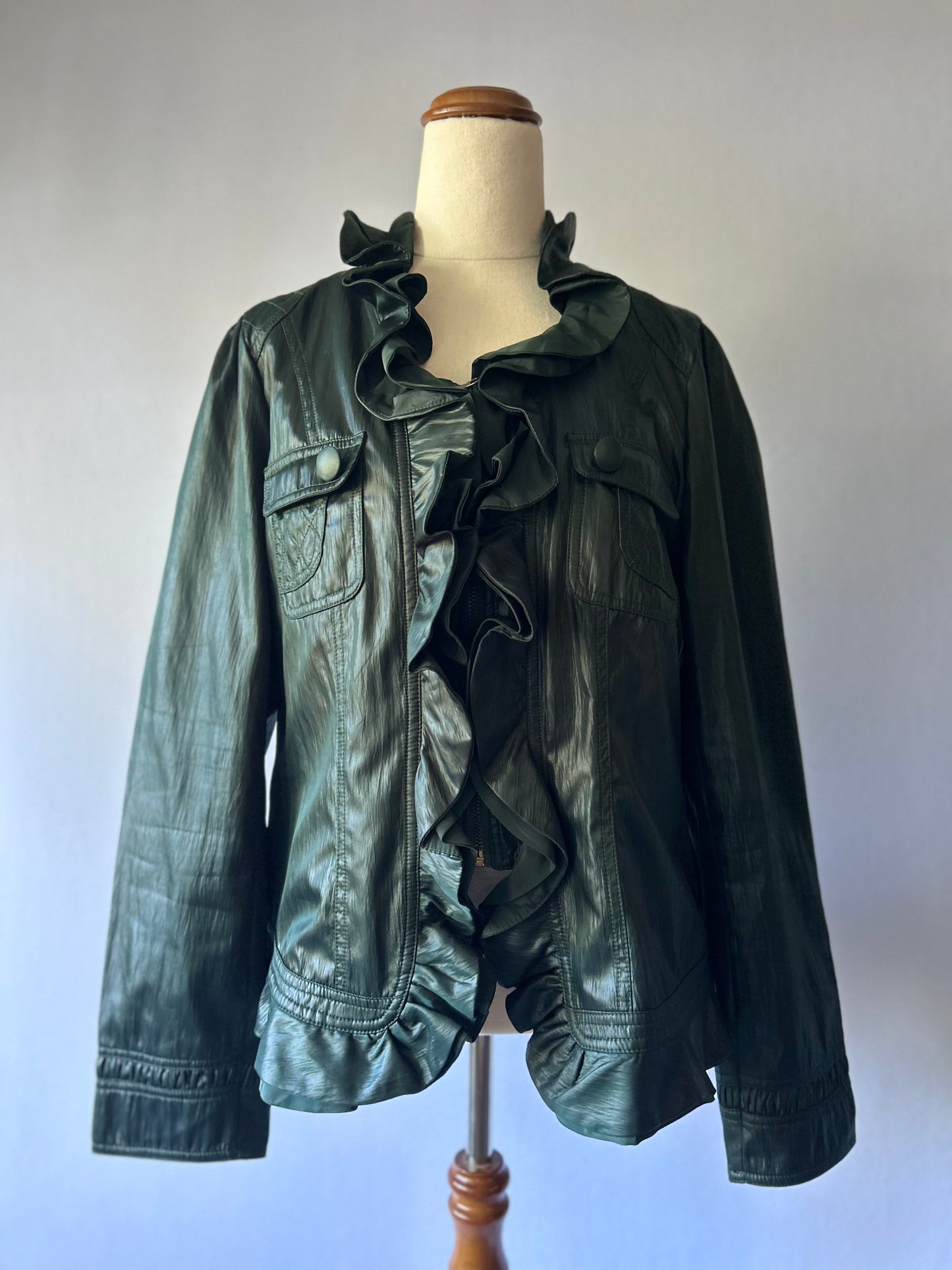 Deep Forest Green Ruffle-Front Faux Leather Jacket - Size 16