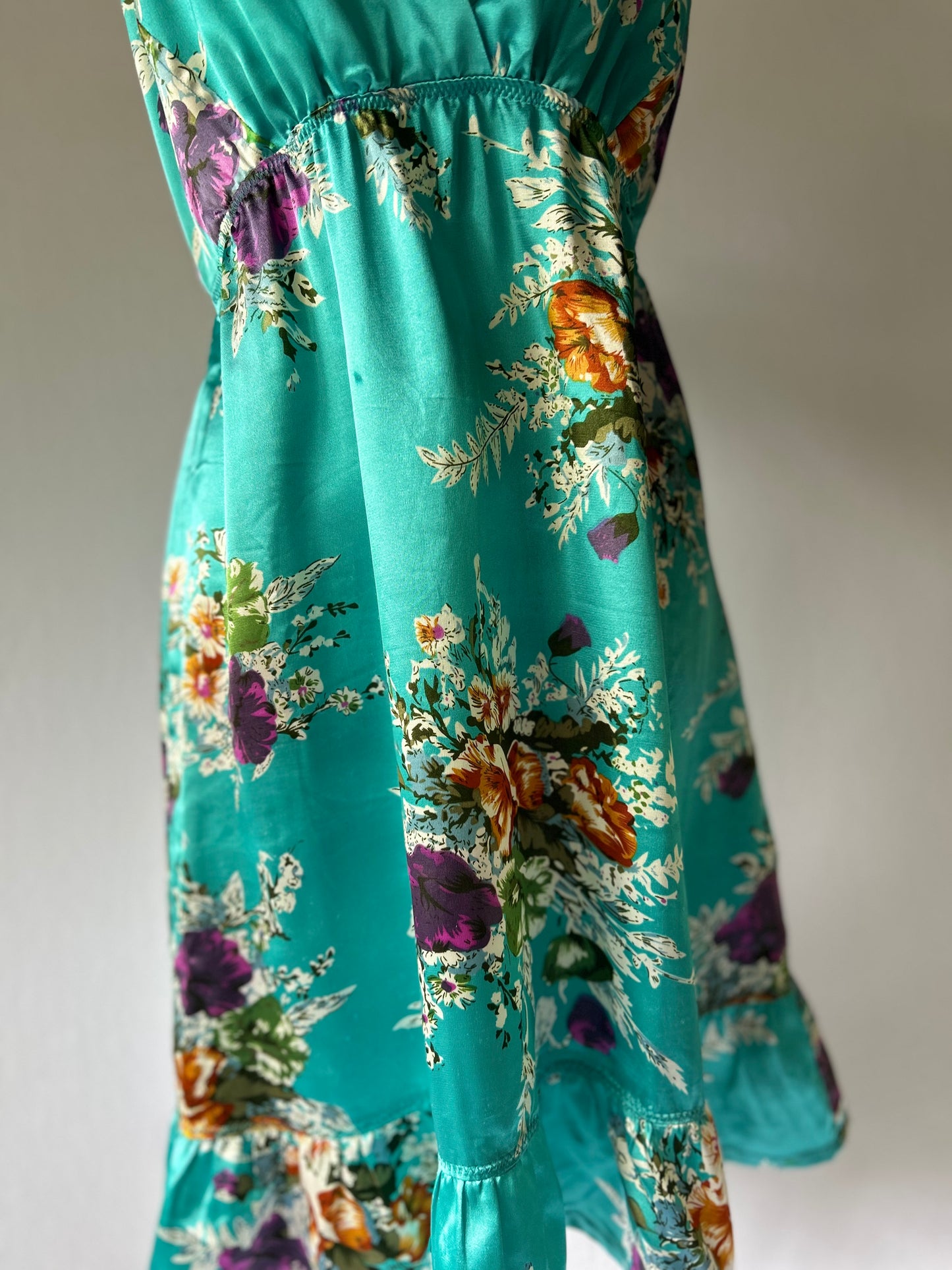 Silky Floral Print Mini Dress - Aqua Blue Ruffle Hem