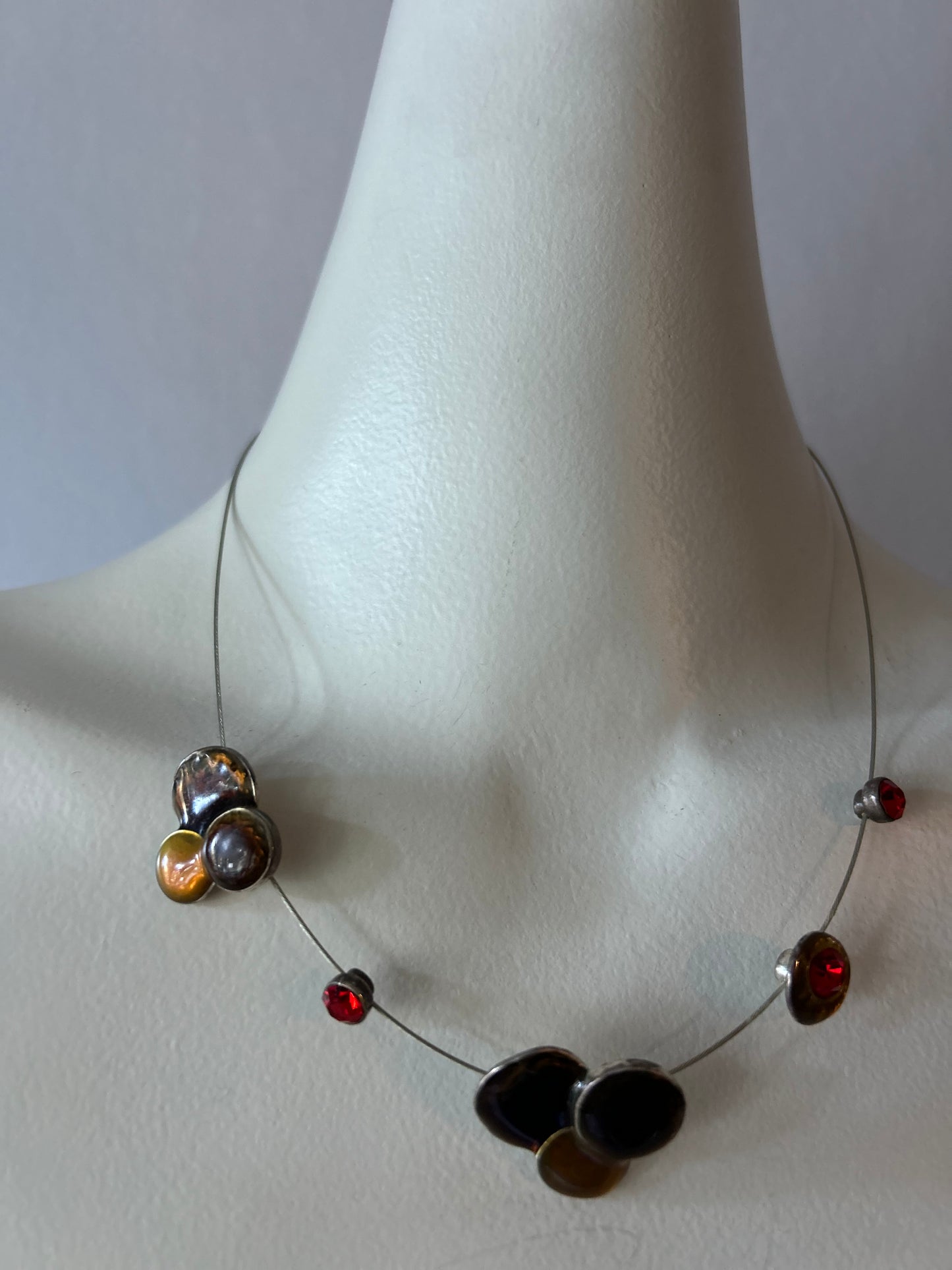 Vintage Modernist Floating Illusion Wire Scarf Necklace - Earth Tones & Ruby Red