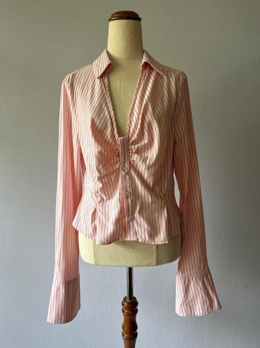 PrettyLittleThing Pink Striped Ruched Front Flare Cuff Shirt - Size 12