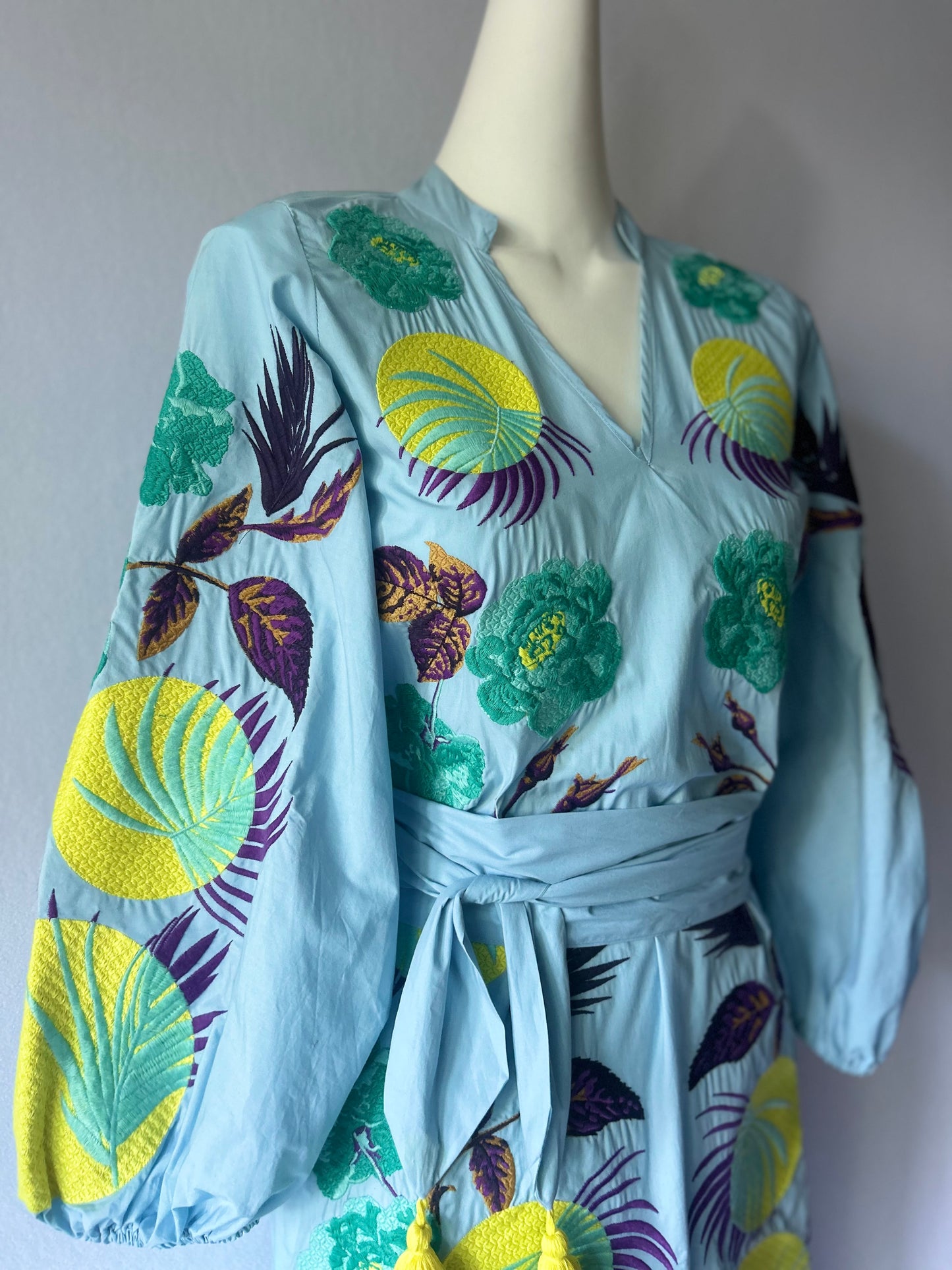 NWT Embroidered Botanical Cotton Mini Dress with Belt - Size S