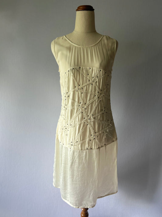 Lulu Cream Silk Embellished Drop-Waist Dress - Size M