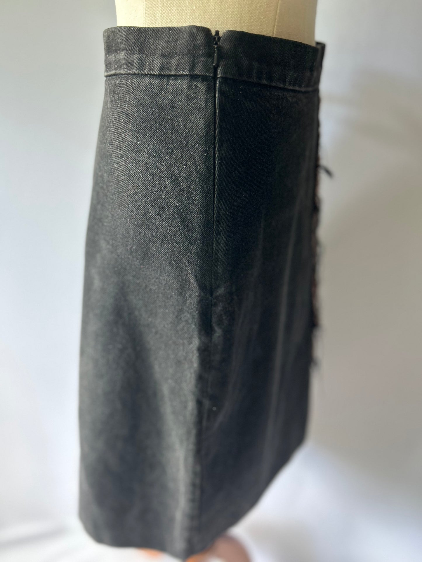 Ricochet Black Denim A-Line Skirt - Size 12 | 100% Cotton with Raw Edge Detail