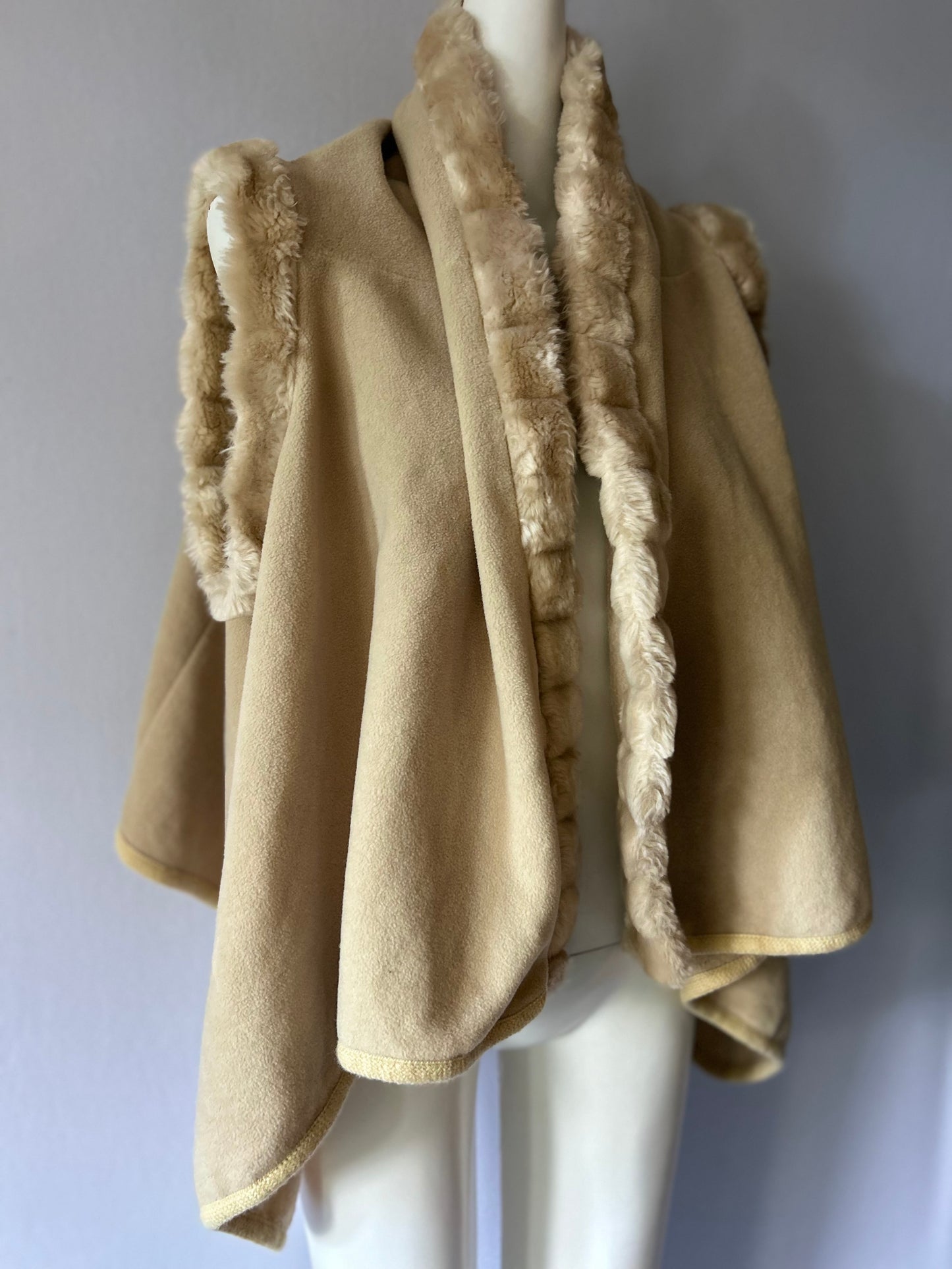 Faux Fur Trim Hooded Drape Vest - Sand - One Size