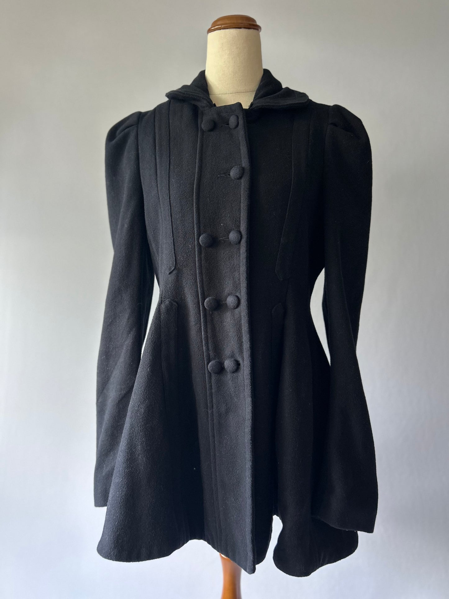 Vintage-Inspired Wool Blend Fit-and-Flare Coat - Black - Size 10