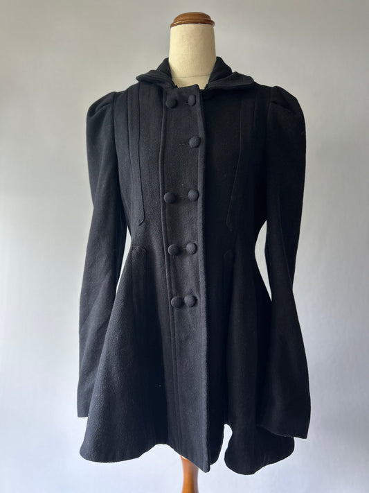 Vintage-Inspired Wool Blend Fit-and-Flare Coat - Black - Size 10