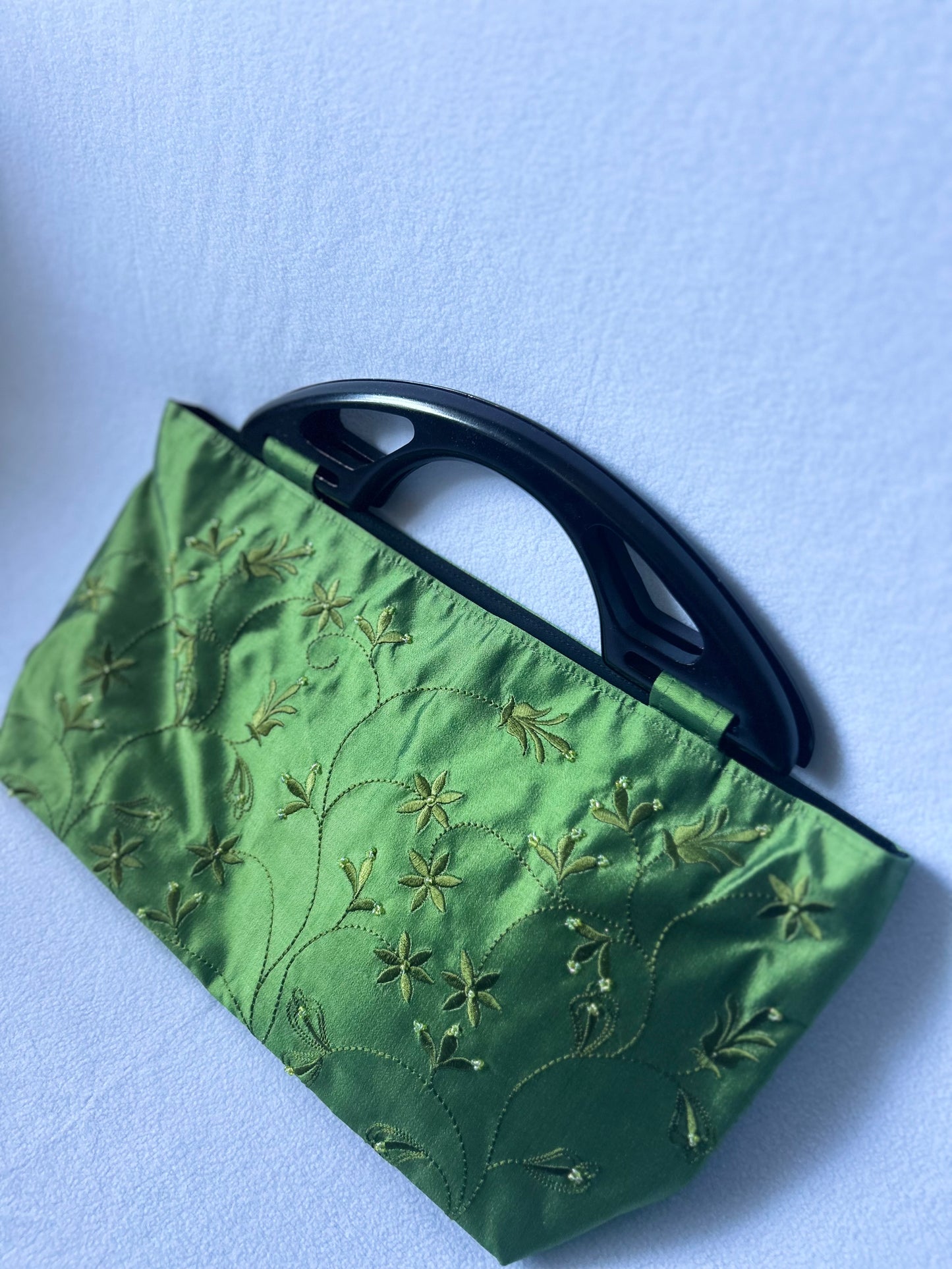Green Silk Handbag with Embroidery and Acrylic Handle