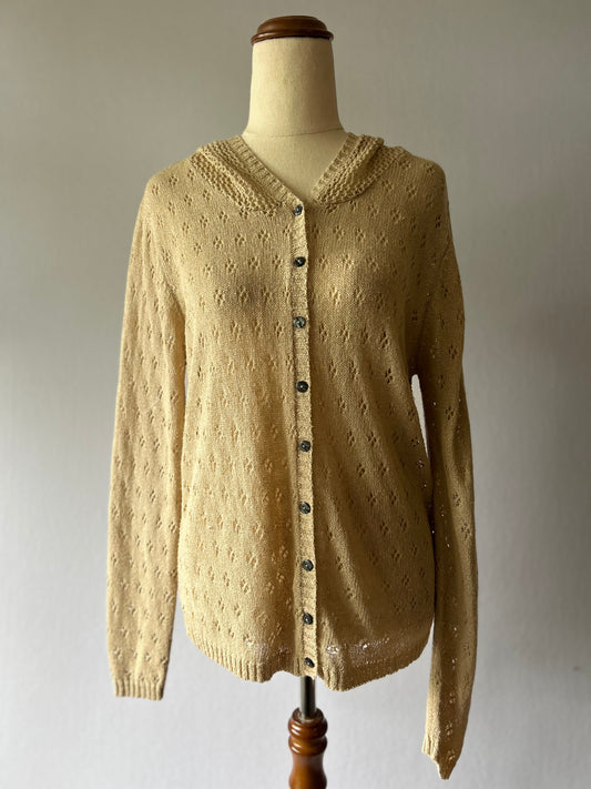 HOOD Beige Pointelle Knit Hooded Cardigan - Size L