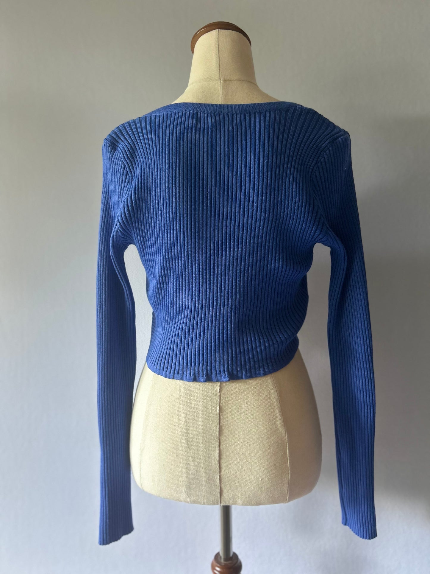 Cornflower Blue Ribbed Tie-Front Cropped Cardigan - Size L