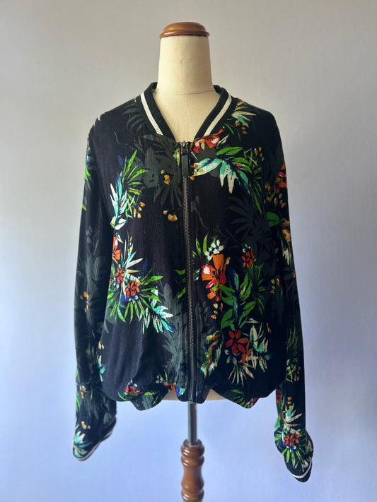 Tropical Floral Printed Viscose Bomber Jacket - Size 14 (AU/NZ 14)