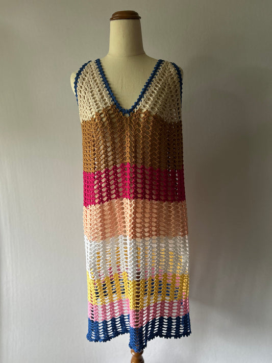 Handmade Cotton Crochet Striped Mini Dress – Size M/L | Made by Mum