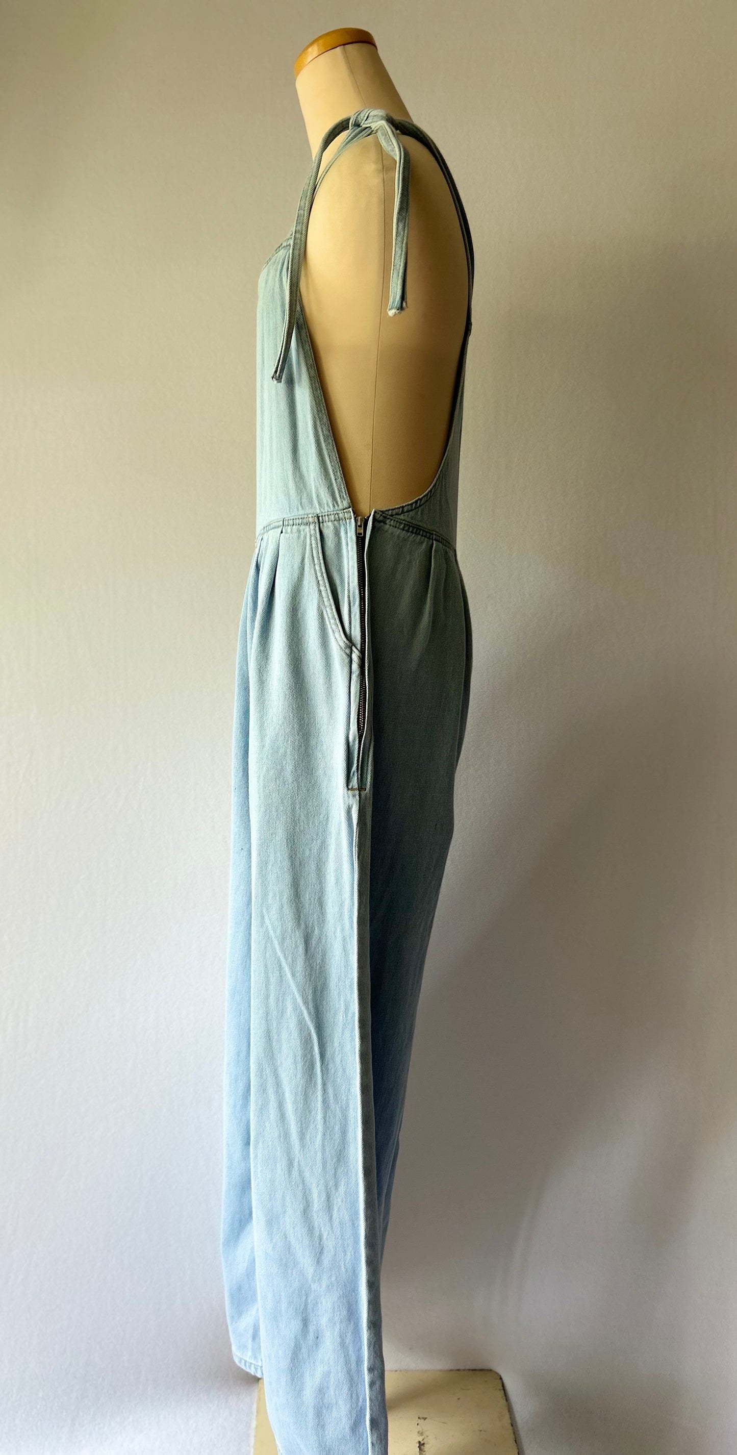 Light Wash Wide-Leg Denim Jumpsuit with Tie Straps