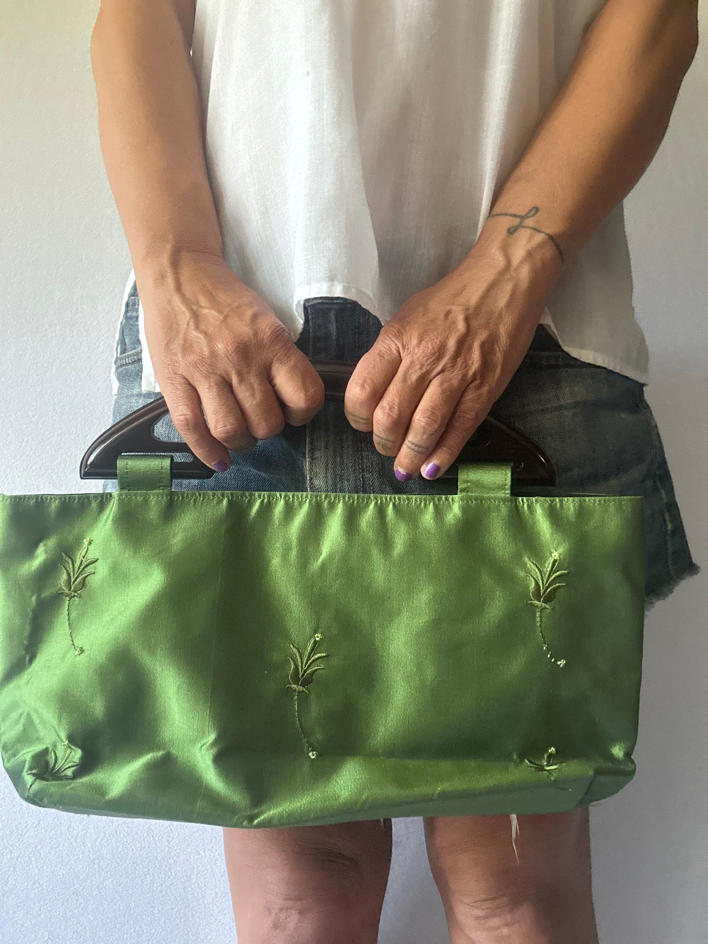 Green Silk Handbag with Embroidery and Acrylic Handle