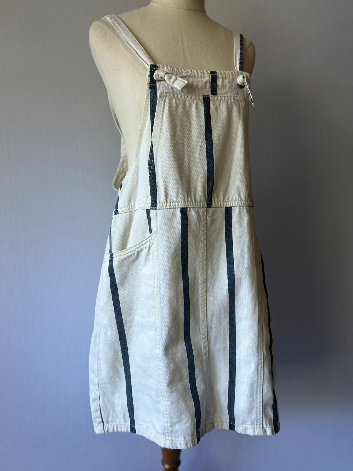 Off-White Navy Striped Cotton Dungaree Pinafore Dress - Size 10