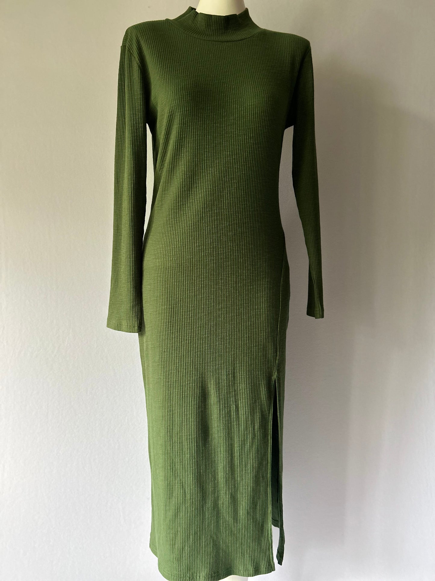 Olive Green Ribbed Mock Neck Maxi Dress - Size XL