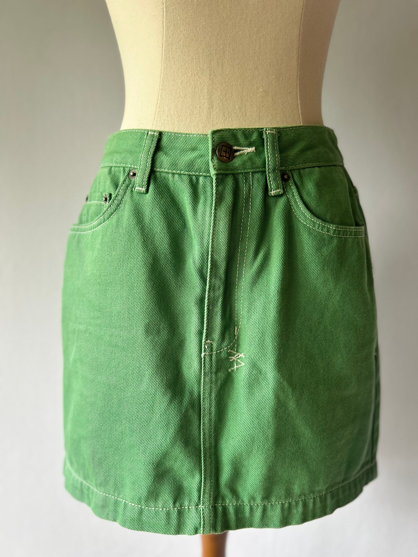 Retro Green Denim Mini Skirt - Size 8 (26" Waist)