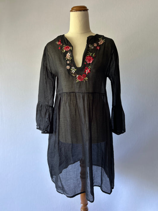 Embroidered Black Cotton Tunic / Beach Cover-Up (Size Small)