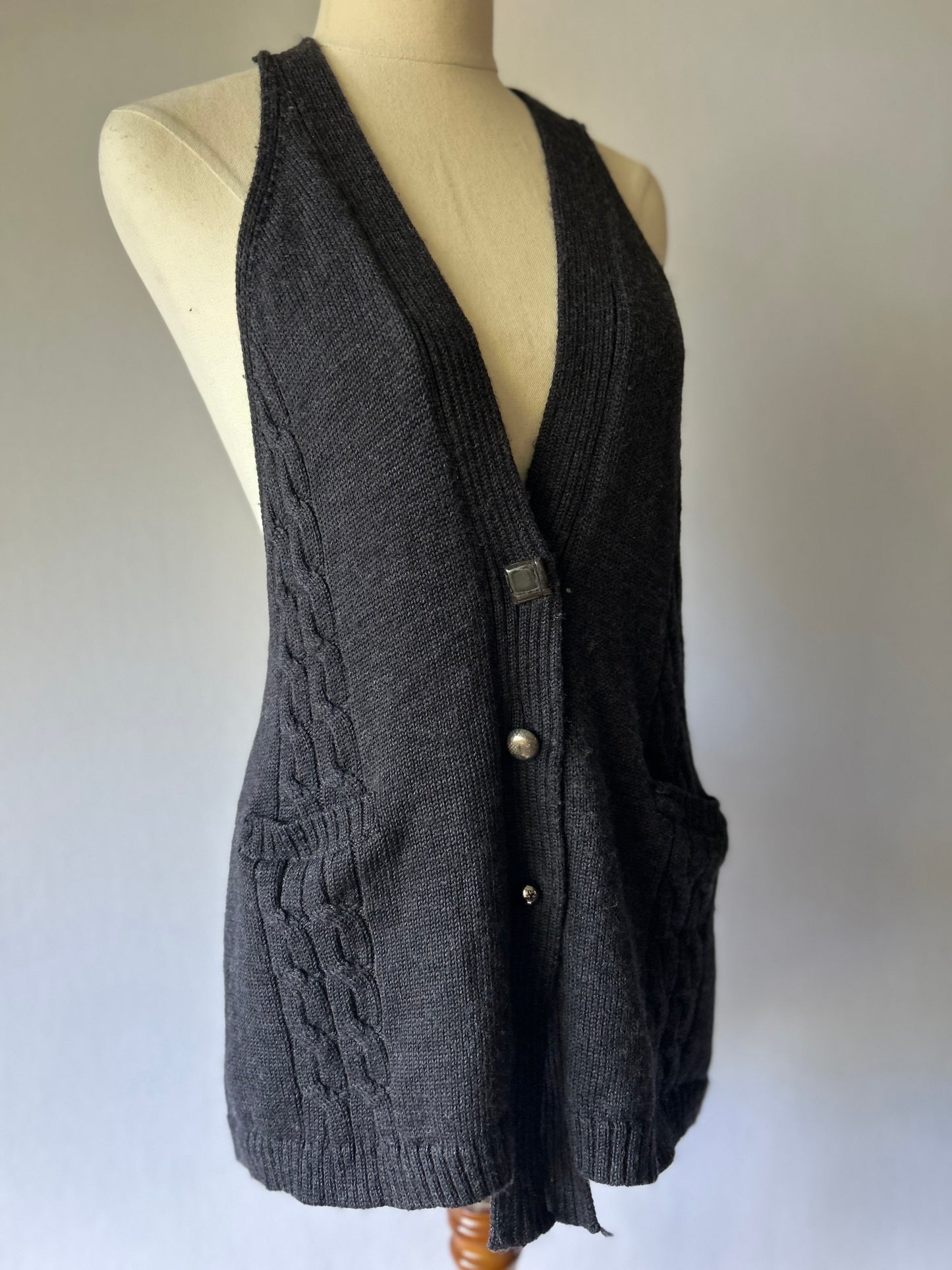 Verge 100% Merino Wool Cable-Knit Longline Vest - Charcoal Grey - Size XL