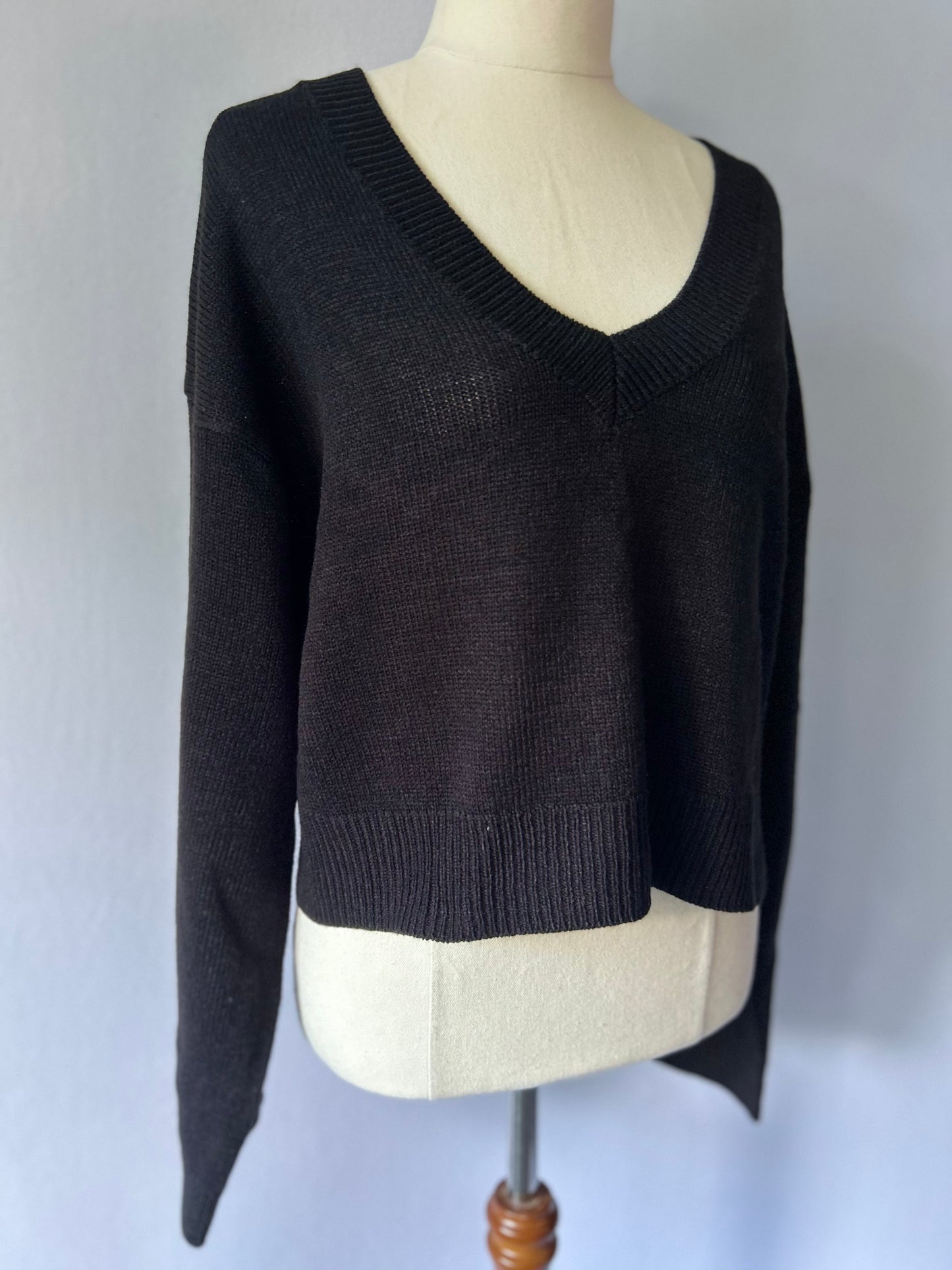 Minimalist Black V-Neck Knit Sweater - Size S