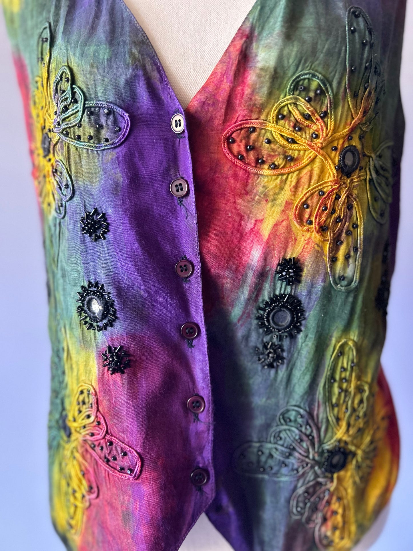 Vintage Embroidered Tie-Dye Beaded Vest – Size L, Viscose