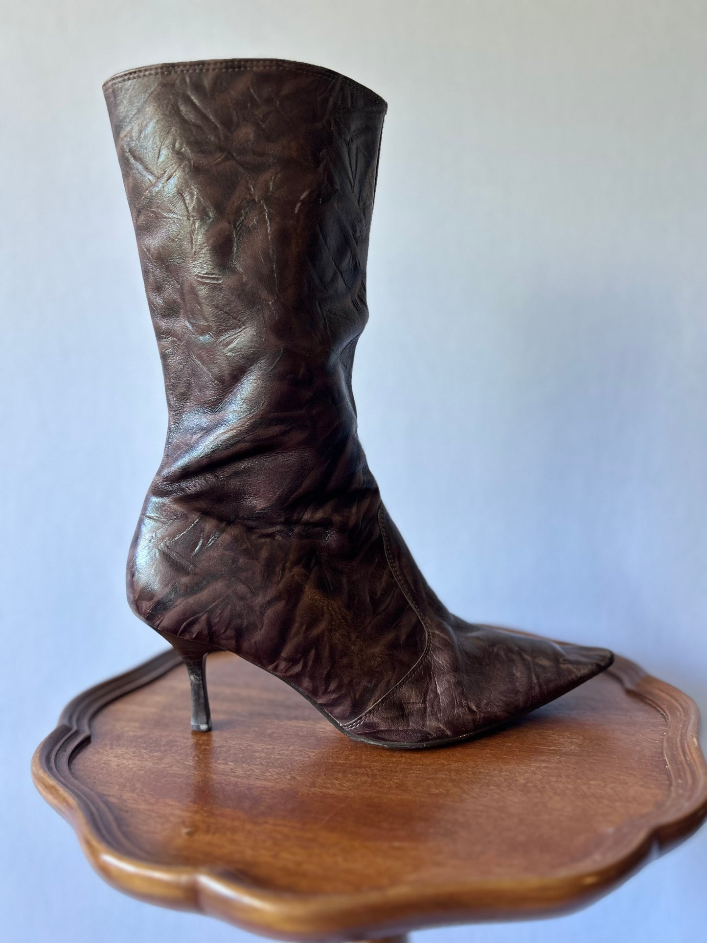 Chocolate Brown Crinkled Leather Pointed-Toe Boots - Size EUR 40