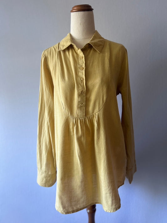 Mustard Yellow 100% Cotton Gathered Bib Long Sleeve Tunic Shirt - Size M (NZ 10-12)