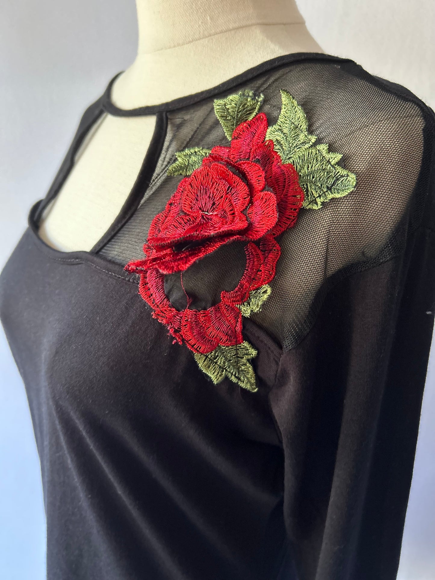 Black Long-Sleeve Mesh Panel Top with 3D Rose Appliqué - Size M/L