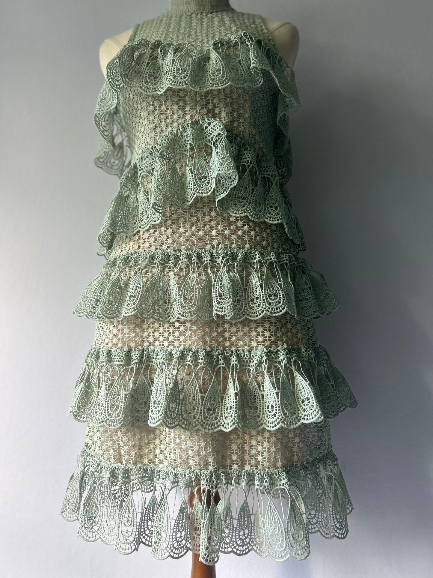 Seed Heritage Tiered Lace Mini Dress - Sage Green - Size 6