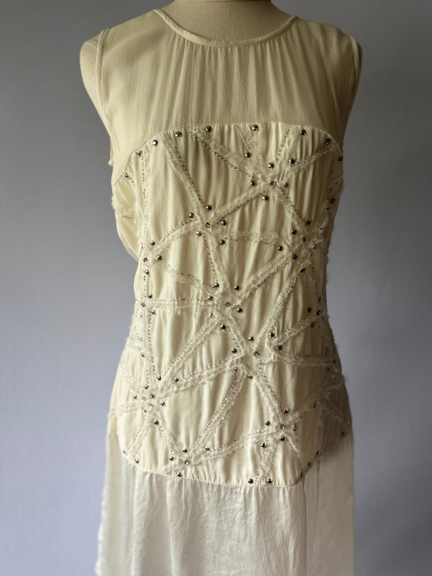 Lulu Cream Silk Embellished Drop-Waist Dress - Size M