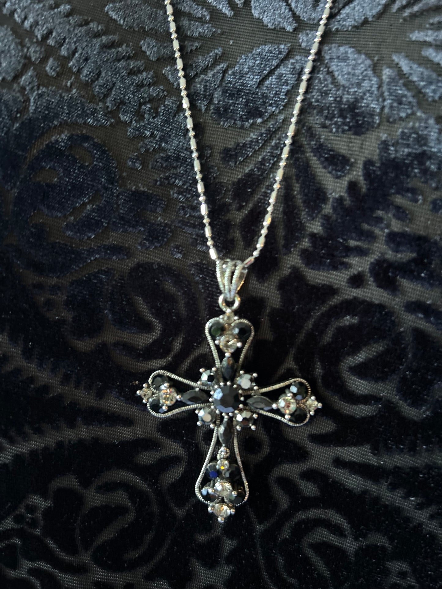 Vintage Whimsigoth Embellished Silver & Black Crystal Cross Long Necklace
