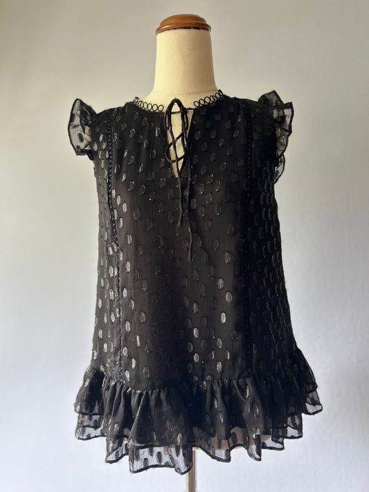 Black Chiffon Dot Blouse with Ruffles, XS