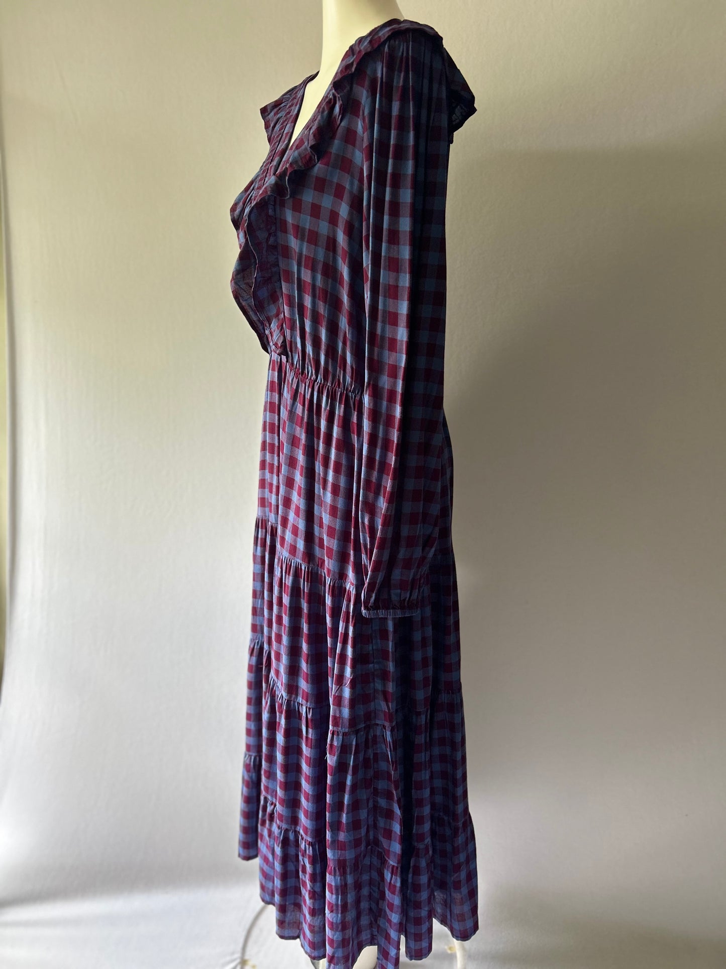 Whistles Ruffled Tiered Check Maxi Dress - Blue & Burgundy - Size 16