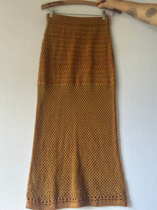 Mustard Caramel Crochet Open-Knit Cotton Maxi Skirt - Size S