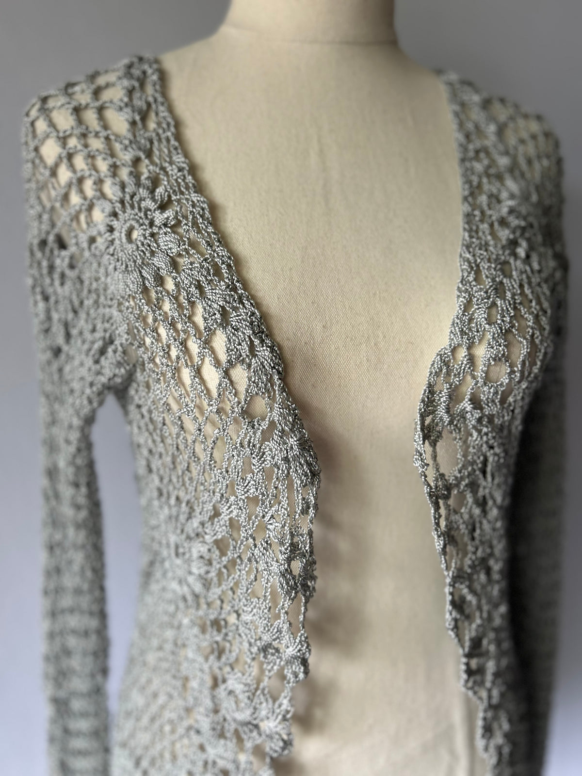 Silver-Tone Open-Knit Cardigan – Size S