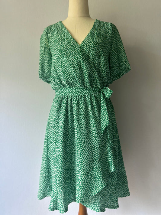 Kookai Green & White Star Print Wrap Mini Dress - Size 38 (NZ 10)
