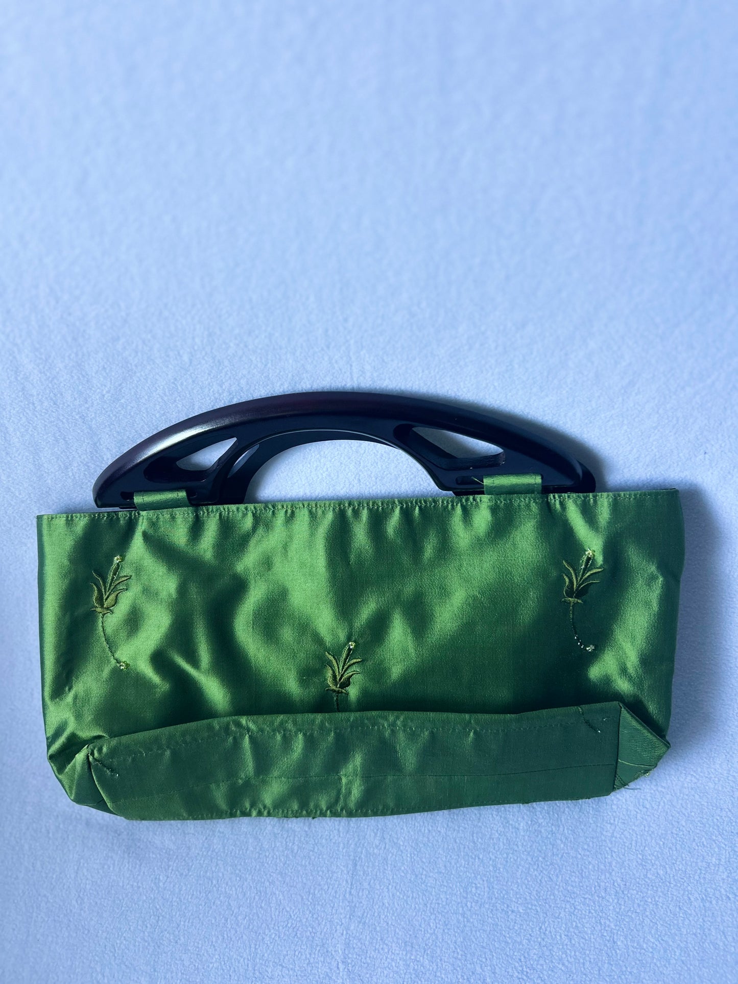 Green Silk Handbag with Embroidery and Acrylic Handle