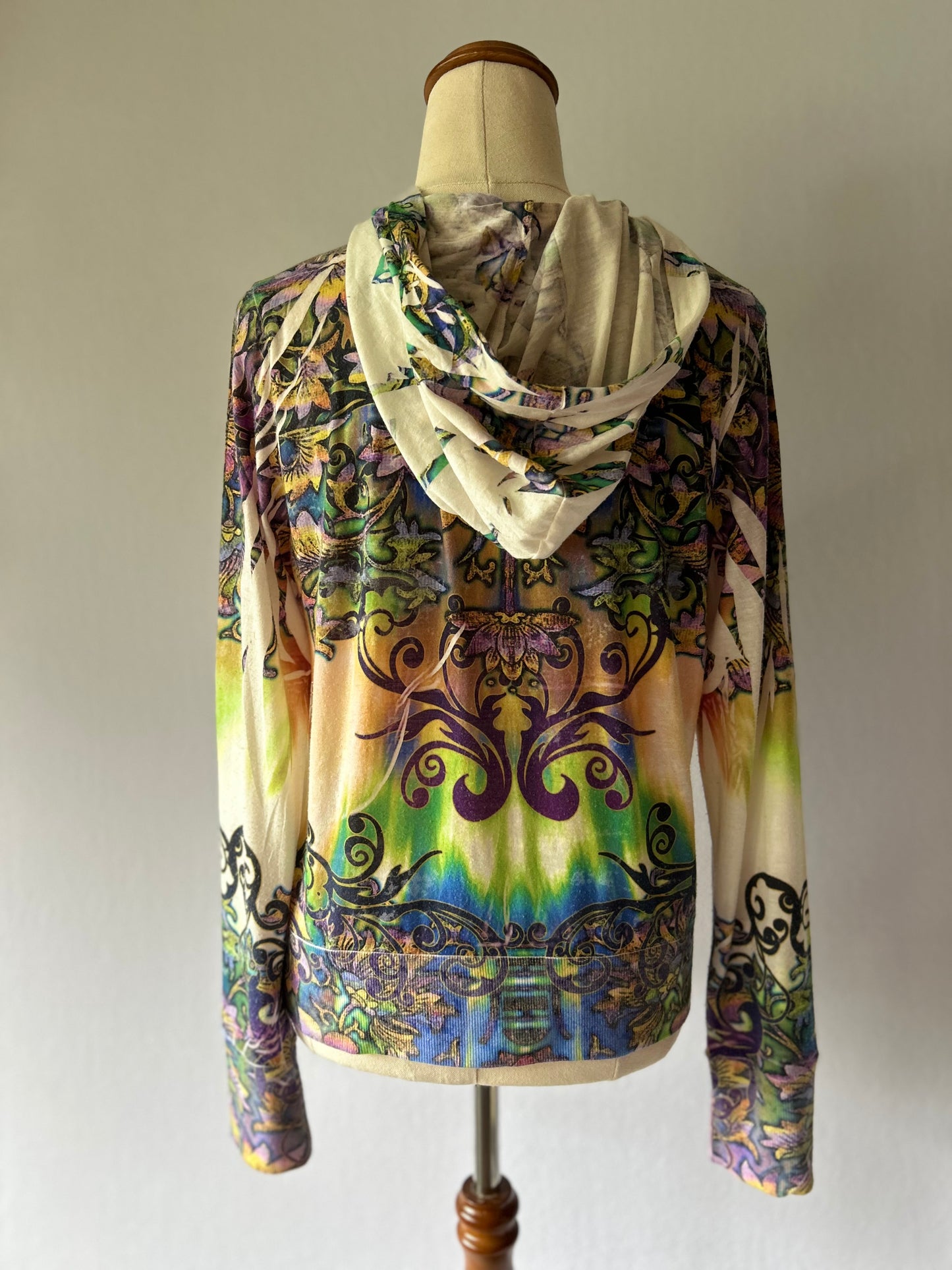 Y2K Rhinestone Embellished Graphic Zip-Up Hoodie - Size L
