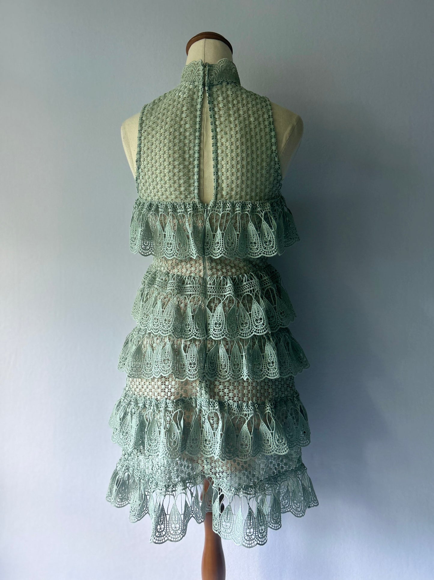 Seed Heritage Tiered Lace Mini Dress - Sage Green - Size 6