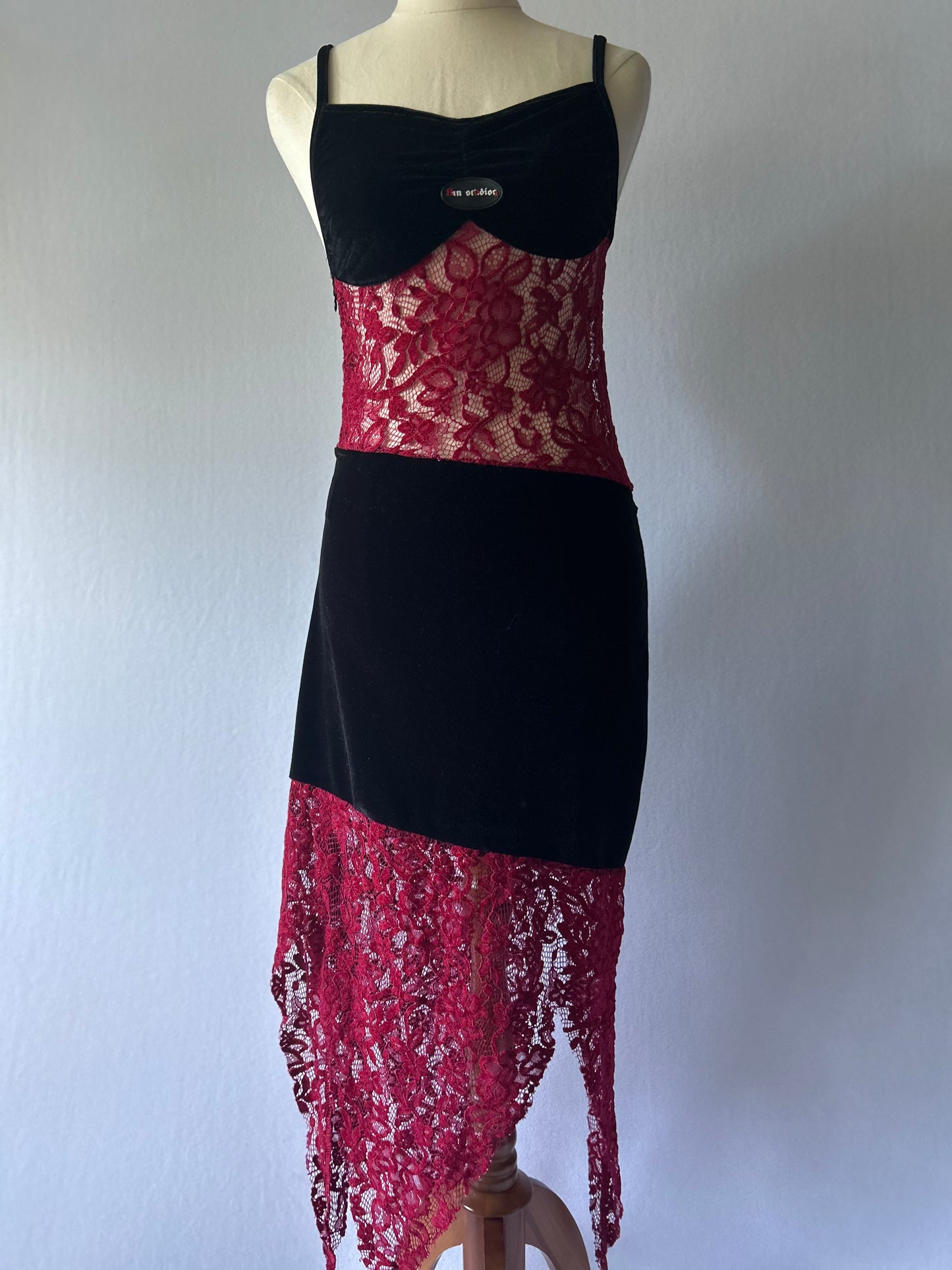Velvet & Lace Asymmetric Midi Dress - Black & Burgundy - Size M