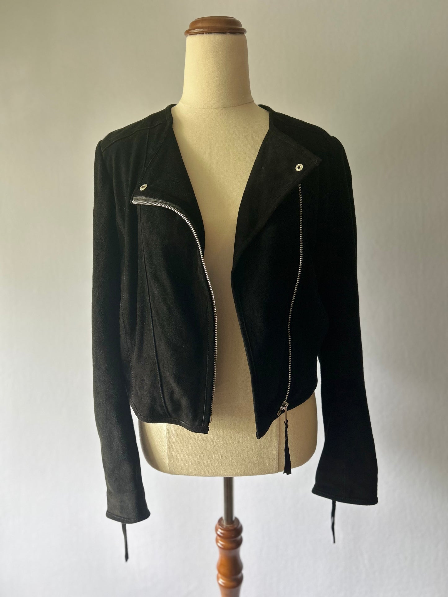 White Suede Asymmetric Black Leather Moto Jacket – Size 10