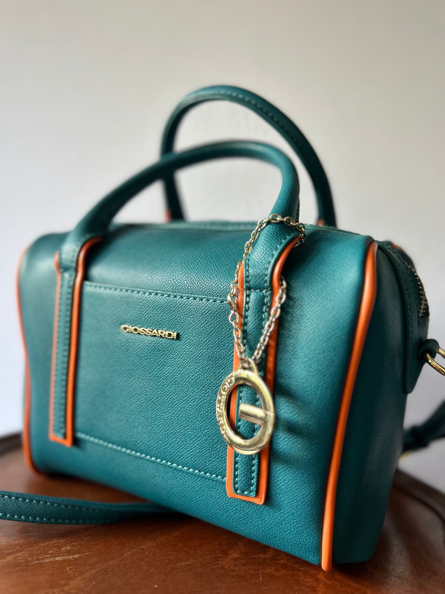 Giossardi Faux-Leather Dual-Strap Bowling Bag - Teal & Orange Detail