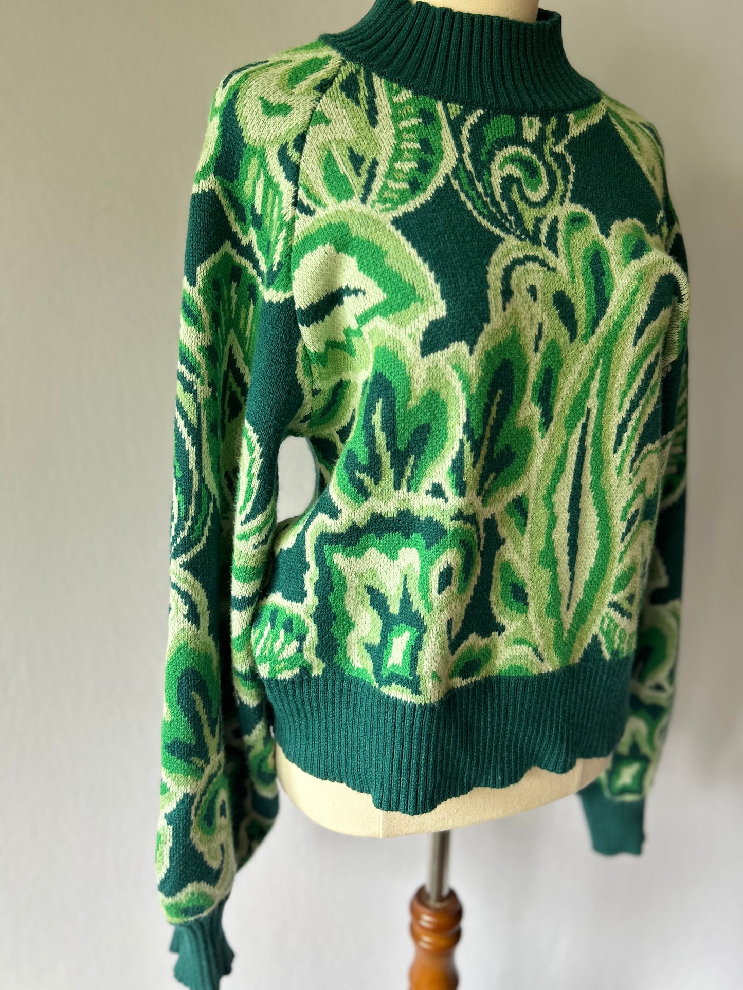 Retro Paisley Jacquard Knit Sweater in Forest Green - Size M