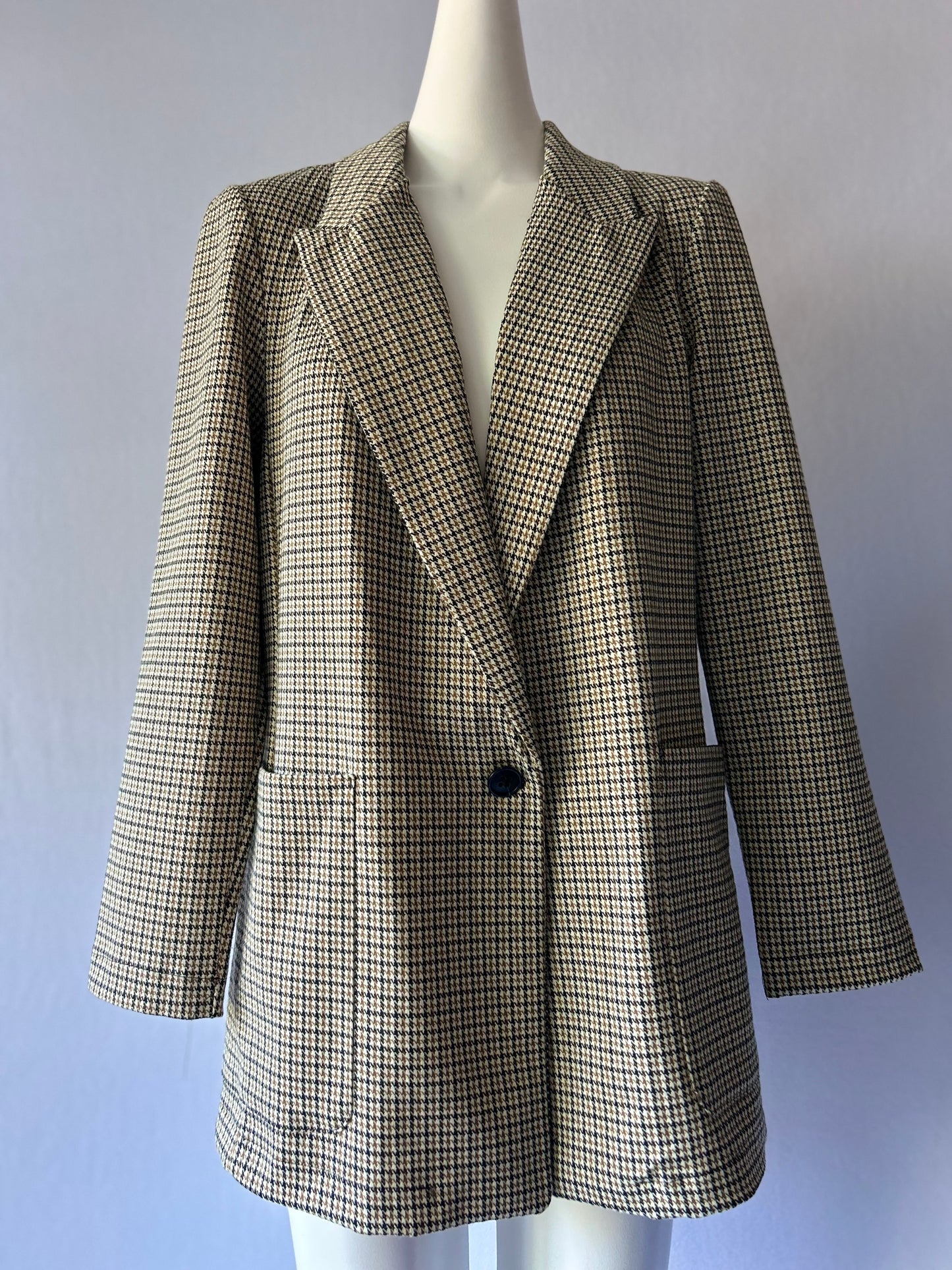Houndstooth Check Single Button Blazer | Tan & Black | Size EUR 44