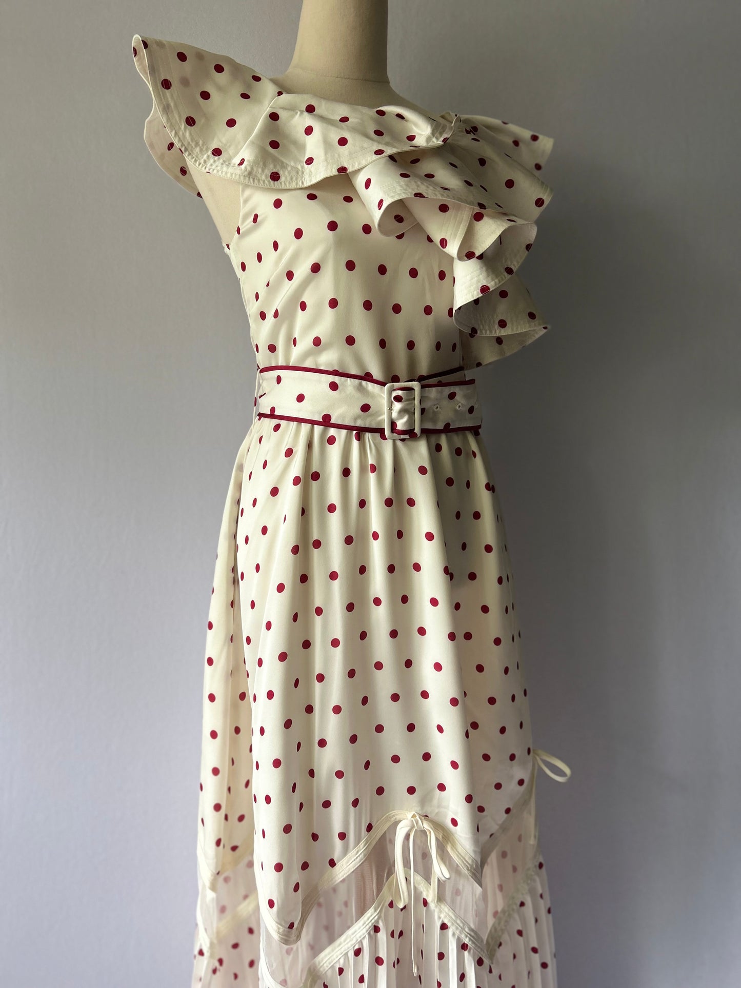Satin Polka Dot One-Shoulder Ruffle Dress | Cream & Burgundy | UK 8, new with tag